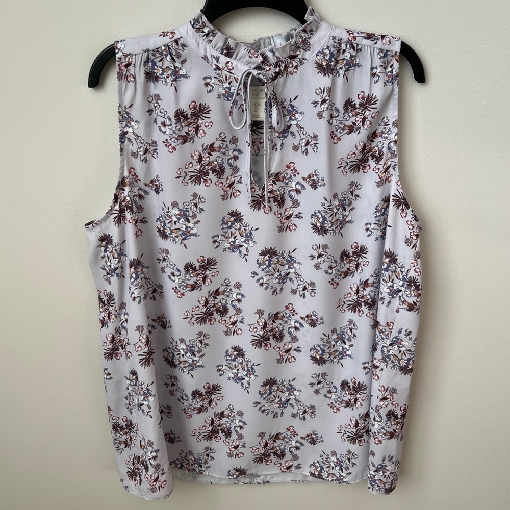 St. Tropez West Sleeveless Ruffle Tie Neck Blouse Keyhole Floral Cottagecore L
